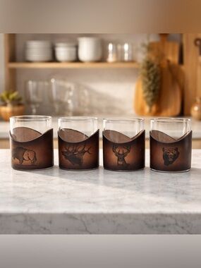 Set of 4 10oz Whiskey Glass Tumblers Brown Leather Sleeves Bear,Buffalo,Elk,Deer